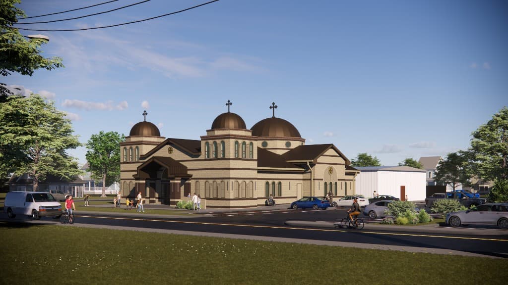 Architectural rendering of the new Holy Three Hierarchs church — street-level front view with domes, entrance, and neighborhood context